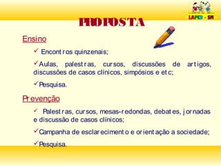 P OP
                  R OSTA
Ensino
   Encont r os quinzenais;
  Aulas, palest r as, cur sos, discussões de          ar t igos,
  discussões de casos clínicos, simpósios e et c;
  Pesquisa.

Pr evenção
    Palest r as, cur sos, mesas-r edondas, debat es, j or nadas
  e discussão de casos clínicos;
  Campanha de esclar eciment o e or ient ação a sociedade;
  Pesquisa.
 