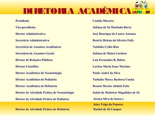 DIRETOR ACADÊMICA
            IA
Presidente                                     Camila Moreira

Vice-presidente                                Juliana de Sá Machado Barra

Diretor Administrativo                         José Henrique de Castro Antunes

Secretária Administrativa                      Beatriz Helena da Silveira Folly

Secretária de Assuntos Acadêmicos              Nathália Cyllio Rios

Secretária de Assuntos Gerais                  Juliana de Matos Cardoso

Diretor de Relações Públicas                   Laís Fernandes R. Baltar

Diretor Científico                             Larissa Maria Isaac Maximo

Diretor Acadêmico de Neonatologia              Paulo André da Silva

Diretor Acadêmico de Pediatria                 Nathalia Marcy Barbosa Cunha

Diretor Acadêmico de Hebiatria                 Renata Mexias Abdala Felix

Diretor de Atividade Prática de Neonatologia   Isabel de Medeiros Magalhães de Sá

Diretor de Atividade Prática de Pediatria      Jéssica Silva de Souza e
                                               Joice Trigo da Fonseca
Diretor de Atividade Prática de Hebiatria      Rachel de Sá Campos
 