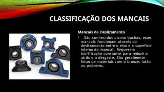 CLASSIFICAÇÃO DOS MANCAIS
Mancais de Deslizamento
• São conhecidos c o mo buchas, esses
mancais funcionam através do
deslizamento entre o eixo e a superfície
interna do mancal. Requerem
lubrificação constante para reduzir o
atrito e o desgaste. São geralmente
feitos de materiais com o bronze, latão
ou polímeros.
 