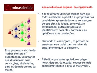 Quando entramos nesse mundo digital na internet, não precisamos mais deixar nossas casas para exercermos nossas liberdades cívicas e participar de uma mudança radical na política.“O que ninguém ainda não tinha feito, a gente sesentia no poder de fazer.”