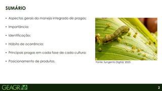 2
• Aspectos gerais do manejo integrado de pragas;
• Importância;
• Identificação;
• Hábito de ocorrência;
• Principais pragas em cada fase de cada cultura;
• Posicionamento de produtos.
SUMÁRIO
Fonte: Syngenta Digital, 2023.
 