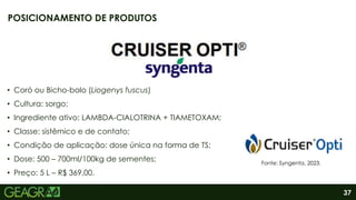 37
• Coró ou Bicho-bolo (Liogenys fuscus)
• Cultura: sorgo;
• Ingrediente ativo: LAMBDA-CIALOTRINA + TIAMETOXAM;
• Classe: sistêmico e de contato;
• Condição de aplicação: dose única na forma de TS;
• Dose: 500 – 700ml/100kg de sementes;
• Preço: 5 L – R$ 369,00.
POSICIONAMENTO DE PRODUTOS
Fonte: Syngenta, 2023.
 
