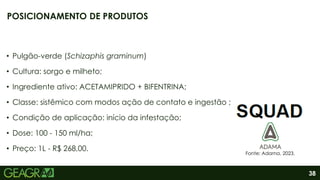 38
• Pulgão-verde (Schizaphis graminum)
• Cultura: sorgo e milheto;
• Ingrediente ativo: ACETAMIPRIDO + BIFENTRINA;
• Classe: sistêmico com modos ação de contato e ingestão ;
• Condição de aplicação: início da infestação;
• Dose: 100 - 150 ml/ha;
• Preço: 1L - R$ 268,00.
POSICIONAMENTO DE PRODUTOS
Fonte: Adama, 2023.
 