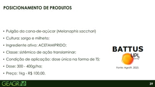 39
• Pulgão da cana-de-açúcar (Melanaphis sacchari)
• Cultura: sorgo e milheto;
• Ingrediente ativo: ACETAMIPRIDO;
• Classe: sistêmico de ação translaminar;
• Condição de aplicação: dose única na forma de TS;
• Dose: 300 - 400g/ha;
• Preço: 1kg - R$ 100,00.
POSICIONAMENTO DE PRODUTOS
Fonte: Agrofit, 2023.
 