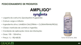 40
• Lagarta-do-cartucho (Spodoptera frugiperda)
• Cultura: sorgo e milheto;
• Ingrediente ativo: LAMBDA-CIALOTRINA + CLORANTRANILIPROLE;
• Classe: inseticida de contato e ingestão;
• Condição de aplicação: início da infestação;
• Dose: 100 - 150ml/ha;
• Preço: 1L – R$ 468,00.
POSICIONAMENTO DE PRODUTOS
Fonte: HS Sementes, 2023.
 