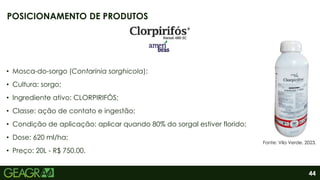 44
• Mosca-do-sorgo (Contarinia sorghicola):
• Cultura: sorgo;
• Ingrediente ativo: CLORPIRIFÓS;
• Classe: ação de contato e ingestão;
• Condição de aplicação: aplicar quando 80% do sorgal estiver florido;
• Dose: 620 ml/ha;
• Preço: 20L - R$ 750,00.
POSICIONAMENTO DE PRODUTOS
Fonte: Vila Verde, 2023.
 
