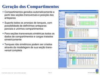 Geração dos Compartimentos
  Compartimentos gerados automaticamente a
   partir das seções transversais e posição das
   anteparas
  Suporta todos os arranjos de tanques, com
   possibilidade de definirmos anteparas
   parciais e unirmos compartimentos
  Para seções transversais simétricas todos os
   dados de compartimentos e cargas tratados
   simetricamente
  Tanques não simétricos podem ser criados
   através da modelagem de sua seção trans-
   versal completa




© Det Norske Veritas Ltda. Todos os direitos reservados.   Slide 12
 