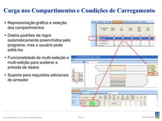 Carga nos Compartimentos e Condições de Carregamento
   Representação gráfica e seleção
    dos compartimentos
   Dados padrões de regra
    automaticamente preenchidos pelo
    programa, mas o usuário pode
    editá-los
   Funcionalidade de multi-seleção e
    multi-edição para acelerar a
    entrada de dados
   Suporte para requisitos adicionais
    do armador




© Det Norske Veritas Ltda. Todos os direitos reservados.   Slide 13
 