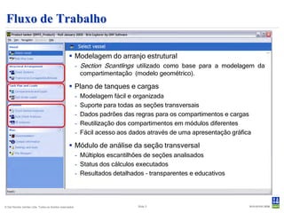 Fluxo de Trabalho

                                                    Modelagem do arranjo estrutural
                                                           - Section Scantlings utilizado como base para a modelagem da
                                                             compartimentação (modelo geométrico).

                                                    Plano de tanques e cargas
                                                           -   Modelagem fácil e organizada
                                                           -   Suporte para todas as seções transversais
                                                           -   Dados padrões das regras para os compartimentos e cargas
                                                           -   Reutilização dos compartimentos em módulos diferentes
                                                           -   Fácil acesso aos dados através de uma apresentação gráfica

                                                    Módulo de análise da seção transversal
                                                           - Múltiplos escantilhões de seções analisados
                                                           - Status dos cálculos executados
                                                           - Resultados detalhados – transparentes e educativos




© Det Norske Veritas Ltda. Todos os direitos reservados.                          Slide 3
 