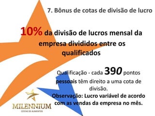 10% da divisão de lucros mensal da 
empresa divididos entre os qualificados 
7. Bônus de cotas de divisão de lucro 
Qualificação - cada 390 pontos pessoais têm direito a uma cota de divisão. 
Observação: Lucro variável de acordo com as vendas da empresa no mês.  