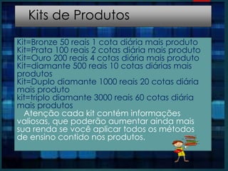 Kits de Produtos
Kit=Bronze 50 reais 1 cota diária mais produto
Kit=Prata 100 reais 2 cotas diária mais produto
Kit=Ouro 200 reais 4 cotas diária mais produto
Kit=diamante 500 reais 10 cotas diárias mais
produtos
Kit=Duplo diamante 1000 reais 20 cotas diária
mais produto
kit=triplo diamante 3000 reais 60 cotas diária
mais produtos
Atenção cada kit contém informações
valiosas, que poderão aumentar ainda mais
sua renda se você aplicar todos os métodos
de ensino contido nos produtos.
 