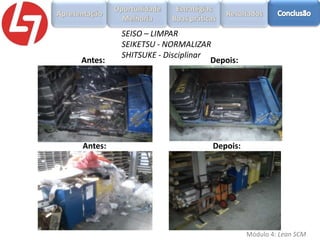 Antes:

SEISO – LIMPAR
SEIKETSU - NORMALIZAR
SHITSUKE - Disciplinar
Depois:

Antes:

Depois:

Módulo 4: Lean SCM

 
