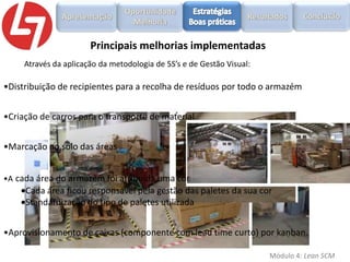 Principais melhorias implementadas
Através da aplicação da metodologia de 5S’s e de Gestão Visual:

•Distribuição de recipientes para a recolha de resíduos por todo o armazém
•Criação de carros para o transporte de material
•Marcação no solo das áreas
•A cada área do armazém foi atribuída uma cor

Cada área ficou responsável pela gestão das paletes da sua cor
Standardização do tipo de paletes utilizada
•Aprovisionamento de caixas (componente com lead time curto) por kanban.
Módulo 4: Lean SCM

 