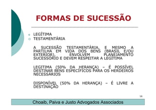 FORMAS DE SUCESSÃO
o   LEGÍTIMA
    TESTAMENTÁRIA

    A SUCESSÃO TESTAMENTÁRIA, E MESMO A
    PARTILHA EM VIDA DOS BENS (BRASIL E/OU
    EXTERIOR),     ENVOLVEM        PLANEJAMENTO
    SUCESSÓRIO E DEVEM RESPEITAR A LEGÍTIMA

    LEGITIMA (50% DA HERANÇA) – É POSSÍVEL
    DESTINAR BENS ESPECÍFICOS PARA OS HERDEIROS
    NECESSÁRIOS

    DISPONÍVEL (50% DA HERANÇA) – É LIVRE A
    DESTINAÇÃO

                                                  16

    Choaib, Paiva e Justo Advogados Associados
 