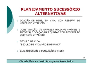 PLANEJAMENTO SUCESSÓRIO
       ALTERNATIVAS
DOAÇÃO DE BENS, EM VIDA, COM RESERVA DE
USUFRUTO VITALÍCIO

CONSTITUIÇÃO DE EMPRESA HOLDING (MÓVEIS E
IMÓVEIS) E DOAÇÃO DAS QUOTAS COM RESERVA DE
USUFRUTO VITALÍCIO

SEGURO DE VIDA
“SEGURO DE VIDA NÃO É HERANÇA”

CIAS.OFFSHORE x FUNDAÇÃO x TRUST

                                              26

Choaib, Paiva e Justo Advogados Associados
 