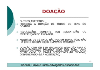 DOAÇÃO
OUTROS ASPECTOS:
PROIBIDA A DOAÇÃO DE      TODOS OS BENS DO
DOADOR

REVOGAÇÃO: SOMENTE POR        INGRATIDÃO     OU
INEXECUÇÃO DO ENCARGO

MENORES DE 16 ANOS NÃO PODEM DOAR, POIS NÃO
HÁ COMO RECONHECER O ANIMUS DONANDI.

DOAÇÃO COM OU    SEM ENCARGOS (DOAÇÃO PARA O
ABSOLUTAMENTE    INCAPAZ DEVE SER PURA, POIS
NESTE CASO SÓ    TRARÁ BENEFÍCIOS AO INCAPAZ,
DISPENSANDO-SE   A ACEITAÇÃO)

                                                  29

Choaib, Paiva e Justo Advogados Associados
 