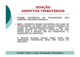 DOAÇÃO
    ASPECTOS TRIBUTÁRIOS

ITCMD: INCIDÊNCIA NA TRANSMISSÃO             NÃO
ONEROSA (DOAÇÃO/HERANÇA)

IRPF.: SOMENTE HAVERÁ INCIDÊNCIA NO CASO DE
TRANSMISSÃO DE BENS POR VALOR SUPERIOR AO
VALOR DE AQUISIÇÃO/DECLARAÇÃO – IRPF 15%
SOBRE GANHO DE CAPITAL (TRATA-SE DE UMA
OPÇÃO QUE A PESSOA TEM AO TRANSMITIR: V.
AQUISIÇÃO OU MERCADO).

A SEGUIR ALGUNS CASOS ONDE PODE SER
VANTAJOSO TRANSMITIR BENS POR VALOR DE
MERCADO.



                                                   33

Choaib, Paiva e Justo Advogados Associados
 