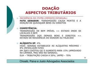 DOAÇÃO
    ASPECTOS TRIBUTÁRIOS
INCIDÊNCIA DO ITCMD (IMPOSTO ESTADUAL)
FATO GERADOR: TRANSMISSÃO CAUSA MORTIS E A
DOAÇÃO DE QUAISQUER BENS OU DIREITOS

COMPETÊNCIA:
TRANSMISSÃO DE BEM IMÓVEL => ESTADO ONDE SE
LOCALIZA O BEM
TRANSMISSÃO DOS DEMAIS BENS E DIREITOS =>
ESTADO DE RESIDÊNCIA DO DOADOR OU FALECIDO

ALÍQUOTA SP: 4%
HOJE: SENADO ESTABELECE AS ALÍQUOTAS MÁXIMAS -
8% (RESOLUÇÃO 9/92)
EM 2003 COGITOU-SE O AUMENTO PARA 15% (APROVADO
NA CÂMARA, MAS NÃO NO SENADO).
EUA – TRIBUTAÇÃO CHEGA A 50%; JAPÃO – 70%
                                                  35

Choaib, Paiva e Justo Advogados Associados
 