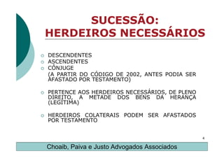SUCESSÃO:
HERDEIROS NECESSÁRIOS
DESCENDENTES
ASCENDENTES
CÔNJUGE
(A PARTIR DO CÓDIGO DE 2002, ANTES PODIA SER
AFASTADO POR TESTAMENTO)

PERTENCE AOS HERDEIROS NECESSÁRIOS, DE PLENO
DIREITO, A METADE DOS BENS DA HERANÇA
(LEGÍTIMA)

HERDEIROS COLATERAIS PODEM SER AFASTADOS
POR TESTAMENTO


                                               4

Choaib, Paiva e Justo Advogados Associados
 