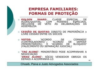 EMPRESA FAMILIARES:
     FORMAS DE PROTEÇÃO
GOLDEN     SHARE:   CLASSE   ESPECIAL   DE
AÇÕES/QUOTAS,   COM    PODERES   ESPECIAIS,
INCLUSIVE DE VETO ÀS DELIBERAÇÕES DA
ASSEMBLÉIA

CESSÃO DE QUOTAS: DIREITO DE PREFERÊNCIA x
LIVRE CESSÃO ENTRE OS SÓCIOS

VOTOS:       ‘ACORDO        DE      COMANDO’
(CONTROLADORES)`;     ‘ACORDO   DE    DEFESA’
(MINORITÁRIOS);  E   ‘ACORDO   DE   BLOQUEIO’
(FALECIMENTO OU SEPARAÇÃO JUDICIAL)

‘TAG ALONG’: MINORITÁRIO PODE ACOMPANHAR A
NEGOCIAÇÃO
‘DRAG ALONG’: SÓCIO VENDEDOR OBRIGA OS
DEMAIS A ACOMPANHÁ-LO                           46

Choaib, Paiva e Justo Advogados Associados
 
