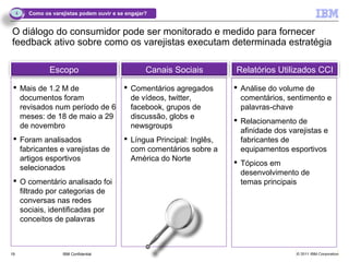 4   Como os varejistas podem ouvir e se engajar?


O diálogo do consumidor pode ser monitorado e medido para fornecer
feedback ativo sobre como os varejistas executam determinada estratégia

                Escopo                              Canais Sociais        Relatórios Utilizados CCI

  Mais de 1.2 M de                          Comentários agregados        Análise do volume de
   documentos foram                           de vídeos, twitter,           comentários, sentimento e
   revisados num período de 6                 facebook, grupos de           palavras-chave
   meses: de 18 de maio a 29                  discussão, globs e
                                                                           Relacionamento de
   de novembro                                newsgroups
                                                                            afinidade dos varejistas e
  Foram analisados                          Língua Principal: Inglês,     fabricantes de
   fabricantes e varejistas de                com comentários sobre a       equipamentos esportivos
   artigos esportivos                         América do Norte
                                                                           Tópicos em
   selecionados
                                                                            desenvolvimento de
  O comentário analisado foi                                               temas principais
   filtrado por categorias de
   conversas nas redes
   sociais, identificadas por
   conceitos de palavras



19                   IBM Confidential                                                       © 2011 IBM Corporation
 