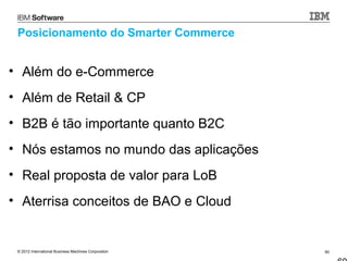 Posicionamento do Smarter Commerce


• Além do e-Commerce
• Além de Retail & CP
• B2B é tão importante quanto B2C
• Nós estamos no mundo das aplicações
• Real proposta de valor para LoB
• Aterrisa conceitos de BAO e Cloud


 © 2012 International Business Machines Corporation   60
 