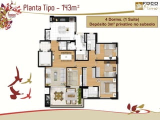 Planta Tipo - 143m²4 Dorms. (1 Suíte)Depósito 3m² privativo no subsolo