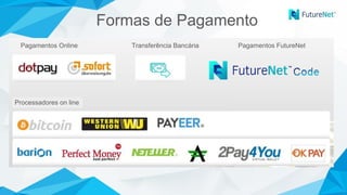 Formas de Pagamento
Pagamentos FutureNet
Processadores on line
Transferência BancáriaPagamentos Online
 