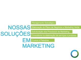 NOSSAS
SOLUÇÕES
EM
Planejamento Estratégico
Elaboração do Plano de Negócios e Marketing Verde
Estruturação dos Processos de Marketing
Consultoria na elaboração de serviços e produtos
Cursos e Palestras
MARKETING
 