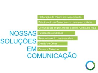 NOSSAS
SOLUÇÕES
EM
Estruturação de Parcerias com marcas correlatas
Comunicação Digital, Redes Sociais, Conteúdo WEB
Publicações e Edições
Relacionamento com as mídias
Gestão de Crises
COMUNICAÇÃO
Elaboração de Planos de Comunicação
Cursos e Palestras
 