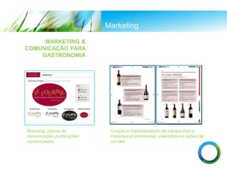 Marketing
MARKETING &
COMUNICAÇÃO PARA
GASTRONOMIA
Branding, planos de
comunicação, publicações
customizadas
Criação e implementação de campanhas e
materiais promocionais, calendários e ações de
vendas
 