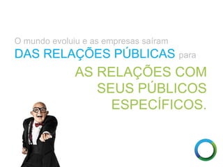 O mundo evoluiu e as empresas saíram
DAS RELAÇÕES PÚBLICAS para
AS RELAÇÕES COM
SEUS PÚBLICOS
ESPECÍFICOS.
 