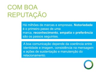 COM BOA
REPUTAÇÃO
Há milhões de marcas e empresas. Notoriedade
é o primeiro passo de uma
marca, reconhecimento, empatia e preferência
são os passos seguintes.
A boa comunicação depende da coerência entre
identidade e imagem, consistência na mensagem
e ações de sustentação e manutenção do
relacionamento.
 