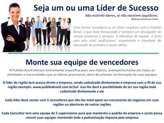 Uma forma inovadora se ser fazer negócios com a Publika
Brasil, é que todo franqueado é também um divulgador de
nossos produtos e serviços. A liderança de equipe é feita
com alto nível profissional, respeitando a liberdade de
expressão de grandes e novas idéias.
Monte sua equipe de vencedores
Seja um ou uma Líder de Sucesso
Não existirão líderes, se não existirem seguidores.
Malcolm Stevenson Forbes
A Publika Brasil oferece treinamento específico para seus lideres, acompanhamento em todas as
atividades e necessidades que os lideres precisarem, alem de orientar na formação de suas equipes
O líder de região terá acesso direto a empresa, sendo cadastrado diretamente a empresa com o ID de sua
região exemplo: www.publikabrasil.com.br/sul isso lhe dará a possibilidade de ter usa região toda
cadastrada diretamente a ele
Cada líder deve contar com 5 consultores que vão dar total apoio ao crescimento de negócios em suas
regiões ou aberturas de outras regiões
Cada Consultor terá uma equipe de 5 supervisores para que mantenha o padrão da empresa e assim possa
crescer suas equipes mantendo toda a padronização imposta pela empresa
 