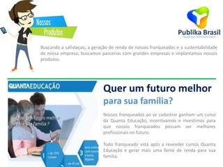 Buscando a safistaçao, a geração de renda de nossos franqueados e a sustentabilidade
de nossa empresa, buscamos parcerias com grandes empresas e implantamos nossos
produtos.
Quer um futuro melhor
para sua família?
Nossos franqueados ao se cadastrar ganham um curso
da Quanta Educação, incentivamos e investimos para
que nossos franqueados possam ser melhores
profissionais no futuro.
Todo franqueado está apto a revender cursos Quanta
Educação e gerar mais uma fonte de renda para sua
família.
 