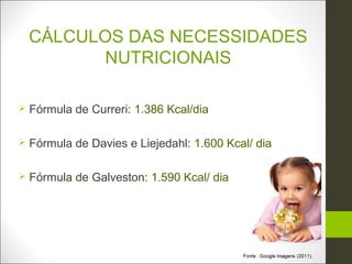 CÁLCULOS DAS NECESSIDADES
          NUTRICIONAIS

   Fórmula de Curreri: 1.386 Kcal/dia

   Fórmula de Davies e Liejedahl: 1.600 Kcal/ dia

   Fórmula de Galveston: 1.590 Kcal/ dia
 