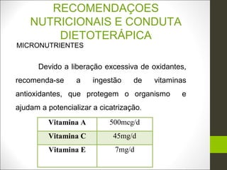 RECOMENDAÇOES
    NUTRICIONAIS E CONDUTA
        DIETOTERÁPICA
MICRONUTRIENTES


      Devido a liberação excessiva de oxidantes,
recomenda-se      a    ingestão    de    vitaminas
antioxidantes, que protegem o organismo         e
ajudam a potencializar a cicatrização.
         Vitamina A         500mcg/d
         Vitamina C          45mg/d
         Vitamina E           7mg/d
 