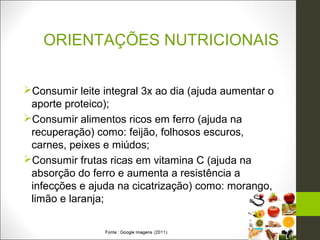 ORIENTAÇÕES NUTRICIONAIS


Consumir leite integral 3x ao dia (ajuda aumentar o
 aporte proteico);
Consumir alimentos ricos em ferro (ajuda na
 recuperação) como: feijão, folhosos escuros,
 carnes, peixes e miúdos;
Consumir frutas ricas em vitamina C (ajuda na
 absorção do ferro e aumenta a resistência a
 infecções e ajuda na cicatrização) como: morango,
 limão e laranja;
 