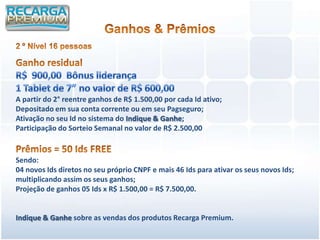 A partir do 2° reentre ganhos de R$ 1.500,00 por cada Id ativo;
Depositado em sua conta corrente ou em seu Pagseguro;
Ativação no seu Id no sistema do Indique & Ganhe;
Participação do Sorteio Semanal no valor de R$ 2.500,00


Sendo:
04 novos Ids diretos no seu próprio CNPF e mais 46 Ids para ativar os seus novos Ids;
multiplicando assim os seus ganhos;
Projeção de ganhos 05 Ids x R$ 1.500,00 = R$ 7.500,00.


Indique & Ganhe sobre as vendas dos produtos Recarga Premium.
 
