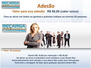 R$ 60,00 (valor único)
Para se ativar em todos os ganhos e prêmios indique no mínimo 04 pessoas;




                       Ganhe R$ 10,00 por indicação = R$ 40,00
           Ao ativar os seus 4 indicados você recebera o seu Smart Sim
       Automaticamente será ativado o seu plano fale custo zero intra-grupo
         Você terá a vantagem de falar para qualquer parceiro Smart Sim
 