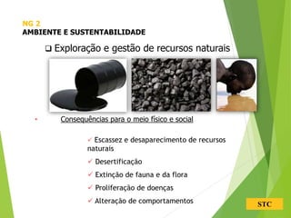 STC
 Exploração e gestão de recursos naturais
• Consequências para o meio físico e social
 Escassez e desaparecimento de recursos
naturais
 Desertificação
 Extinção de fauna e da flora
 Proliferação de doenças
 Alteração de comportamentos
NG 2
AMBIENTE E SUSTENTABILIDADE
 