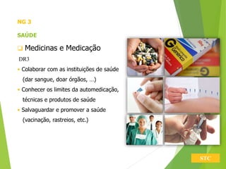 STC
 Medicinas e Medicação
DR3
• Colaborar com as instituições de saúde
(dar sangue, doar órgãos, …)
• Conhecer os limites da automedicação,
técnicas e produtos de saúde
• Salvaguardar e promover a saúde
(vacinação, rastreios, etc.)
NG 3
SAÚDE
 