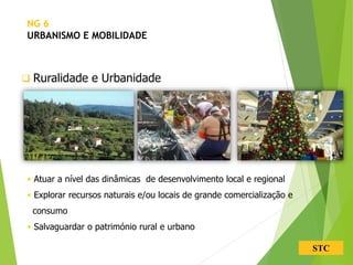 STC
 Ruralidade e Urbanidade
• Atuar a nível das dinâmicas de desenvolvimento local e regional
• Explorar recursos naturais e/ou locais de grande comercialização e
consumo
• Salvaguardar o património rural e urbano
NG 6
URBANISMO E MOBILIDADE
 