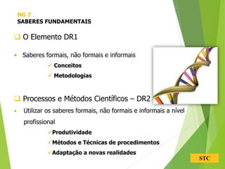 STC
 O Elemento DR1
• Saberes formais, não formais e informais
 Conceitos
 Metodologias
 Processos e Métodos Científicos – DR2
• Utilizar os saberes formais, não formais e informais a nível
profissional
Produtividade
Métodos e Técnicas de procedimentos
Adaptação a novas realidades
NG 7
SABERES FUNDAMENTAIS
 
