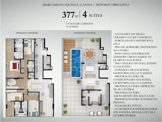 - ALVENARIA EM TIJOLO
CERÂMICO OU DE CONCRETO
- PORCELANATO 100X100CM NA
SALA
- PISO DE MÁRMORE TRAVERTINO
NO LAVABO
- BANCADAS E SOLEIRAS EM
MÁRMORE CREMA MARFIL OU
QUARTZO NAS SUÍTES
- PISO VINÍLICO NO HALL ÍNTIMO
E NAS SUÍTES
- TOMADAS USB NAS SUÍTES,
ESCRITÓRIO, SALA E COZINHA
- PREPARAÇÃO PARA AR-
CONDICIONADO NAS SUÍTES,
ESCRITÓRIO, SALA E COZINHA
- PREPARAÇÃO PARA ASPIRAÇÃO
DE PÓ CENTRAL
- PREPARAÇÃO PARA
AQUECIMENTO DE ÁGUA A GÁS
- PREPARAÇÃO PARA AUTOMAÇÃO
PREDIAL
- FECHADURA TOUCH
- ACABAMENTOS DIFERENCIADOS
(FECHADURA, METAIS, LOUÇAS E
INTERRUPTORES)
377M² 4 SUÍTES
-5 VAGAS DE GARAGEM
- VAZADOS
APARTAMENTO DUPLEX (CANTO) + DEPÓSITO PRIVATIVO
 