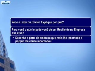 Você é Líder ou Chefe? Explique por que?

Para você o que impede você de ser Resiliente na Empresa
que atua?
• Desenhe a parte da empresa que mais lhe incomoda e
  porque lhe causa incômodo?
 