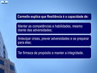 Carmello explica que Resiliência é a capacidade de:

Manter as competências e habilidades, mesmo
diante das adversidades;

Antecipar crises, prever adversidades e se preparar
para elas;

Ter firmeza de propósito e manter a integridade.
 