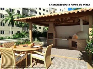 Perspectiva artística que mostra a vegetação de porte adulto.  O porte de vegetação na entrega do empreendimento será de acordo com o projeto paisagístico. Churrasqueira e Forno de Pizza 