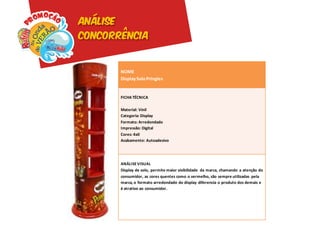 Análise
concorrência


          NOME
          Display Solo Pringles


          FICHA TÉCNICA

          Material: Vinil
          Categoria: Display
          Formato: Arredondado
          Impressão: Digital
          Cores: 4x0
          Acabamento: Autoadesivo




          ANÁLISE VISUAL
          Display de solo, permite maior visibilidade da marca, chamando a atenção do
          consumidor, as cores quentes como o vermelho, são sempre utilizadas pela
          marca, o formato arredondado do display diferencia o produto dos demais e
          é atrativo ao consumidor.
 