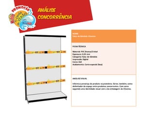 Análise
concorrência


               NOME
               Faixa de Gôndola Cheetos



               FICHA TÉCNICA

               Material: PVC Branco/Cristal
               Espessura: 0,35 mm
               Categoria: Faixa de Gôndola
               Impressão: Digital
               Cores: 4x0
               Acabamento: Corte especial (faca)




               ANÁLISE VISUAL

               Informa a presença do produto na prateleira. Serve, também, como
               delimitador do espaço entre produtos concorrentes. Com cores
               seguindo uma identidade visual com a da embalagem do Cheetos.
 